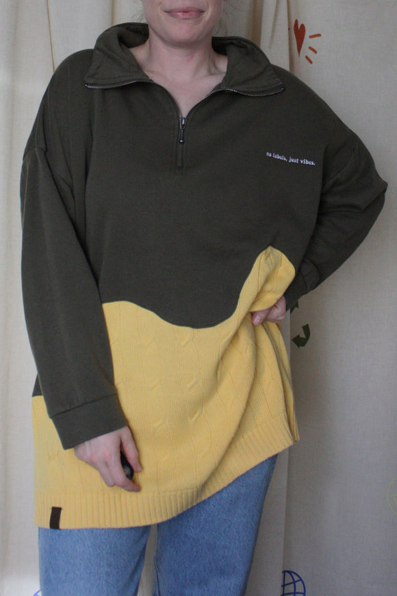 upcycled green and yellow half zip sweater, repurposed in canada