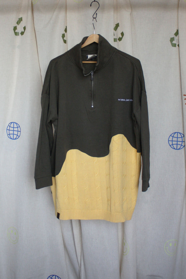 upcycled green and yellow half zip sweater, repurposed in canada